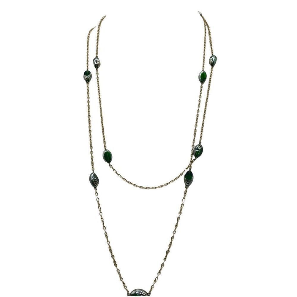 Vintage Mr. We 1970’s green glass gold tone long necklace.